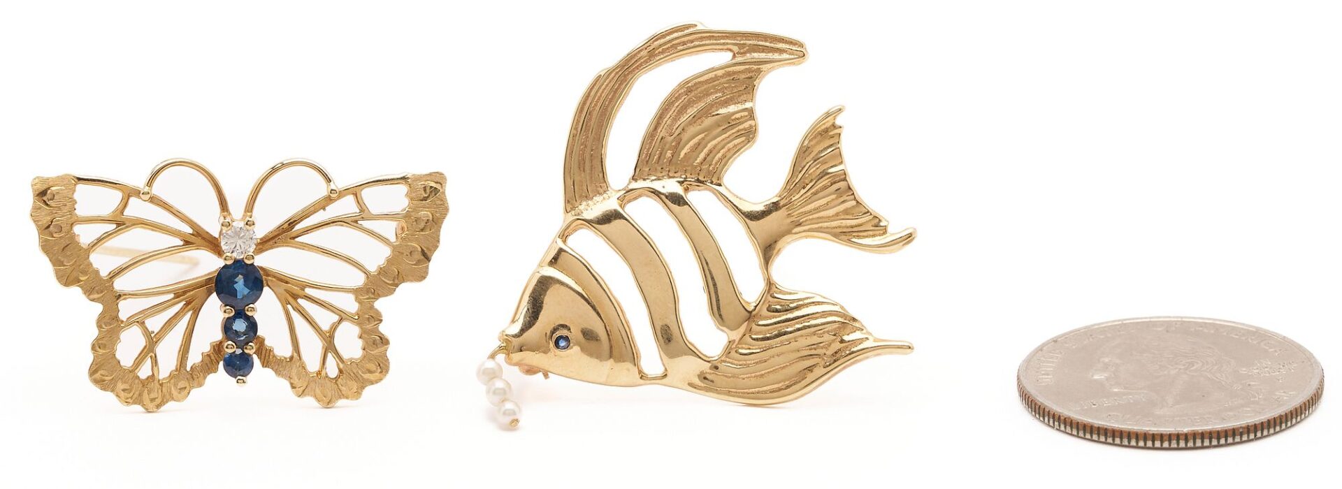 Lot 954: 14K Gold, Sapphire, & Diamond Butterfly Brooch and 14K Gold & Pearl Fish Brooch