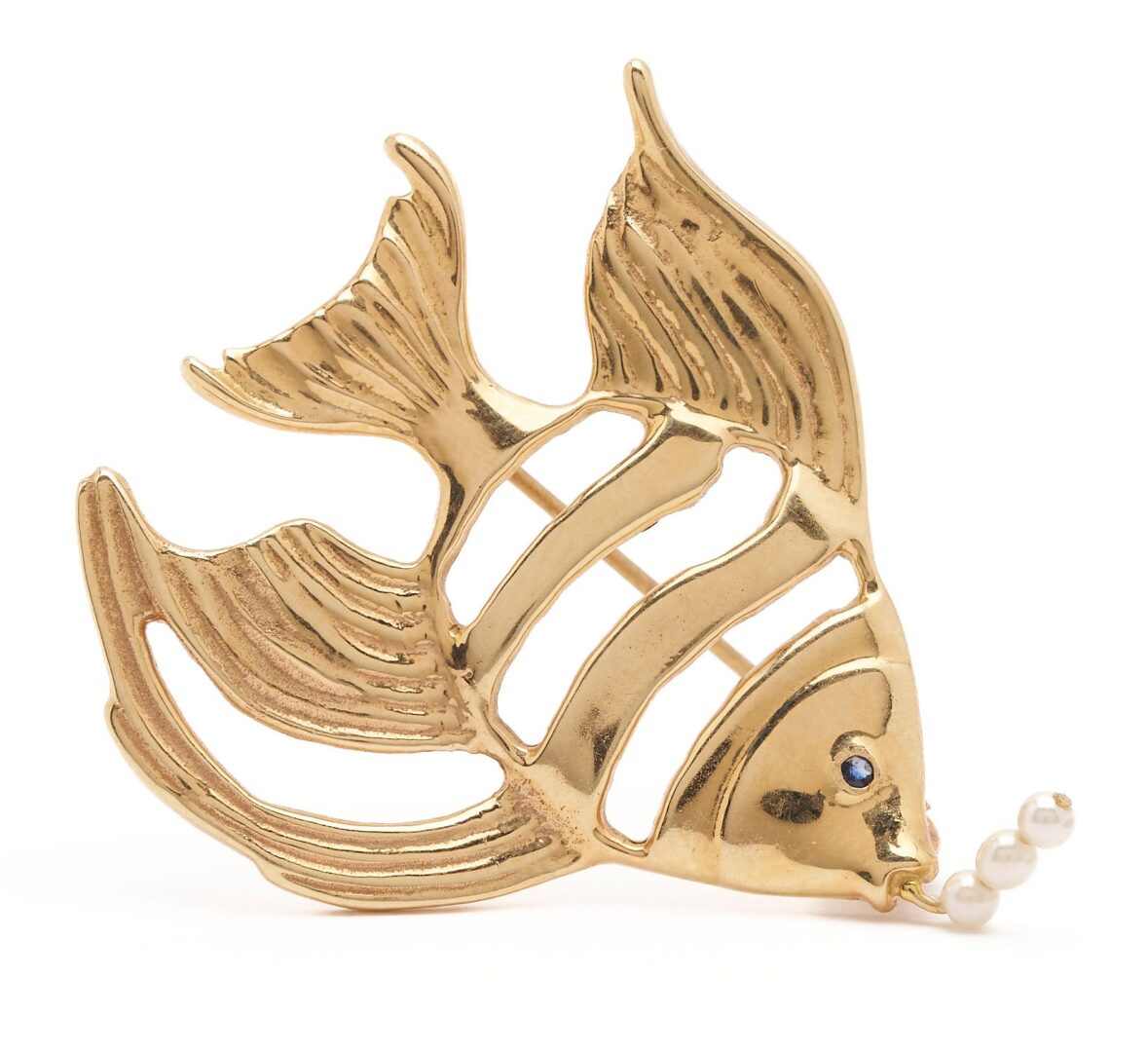 Lot 954: 14K Gold, Sapphire, & Diamond Butterfly Brooch and 14K Gold & Pearl Fish Brooch