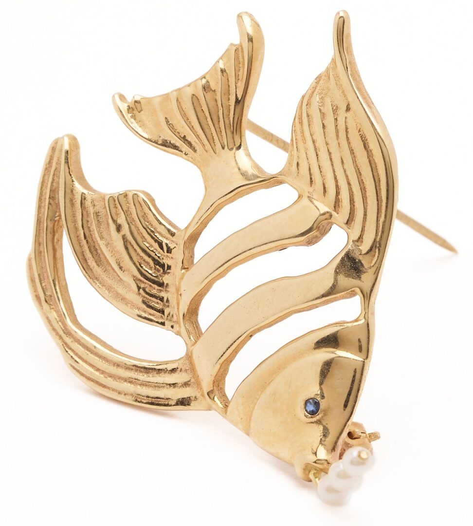 Lot 954: 14K Gold, Sapphire, & Diamond Butterfly Brooch and 14K Gold & Pearl Fish Brooch