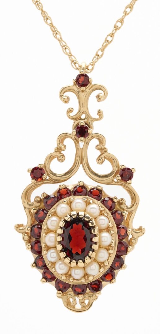 Lot 964: 10K Gold, Garnet & Pearl Ring & Necklace