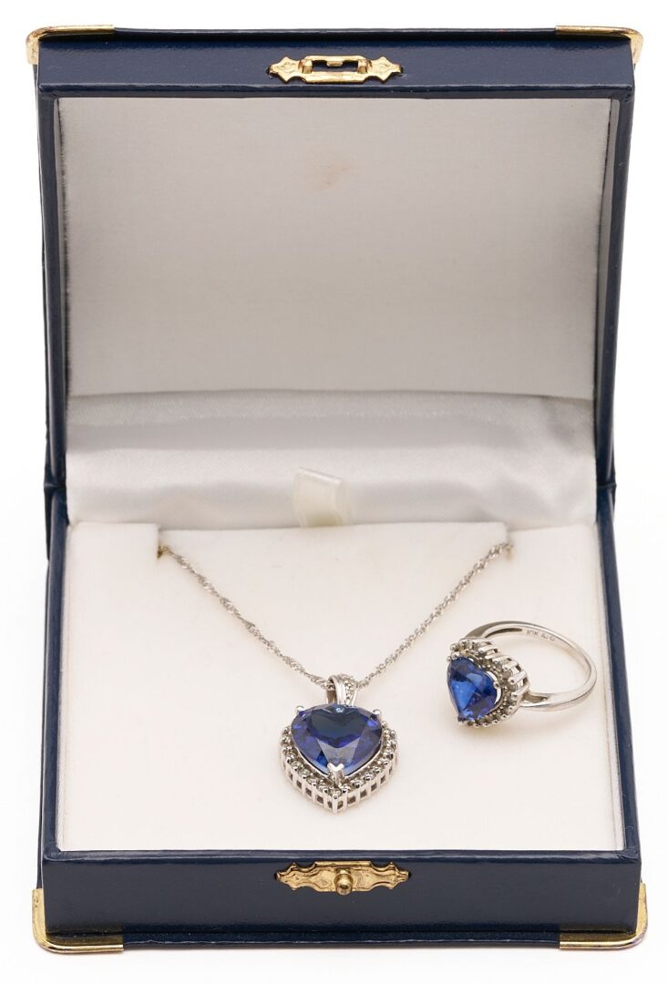 Lot 971: Ladies 14K Gold Heart Shaped Sapphire Necklace & 10K Gold Sapphire Ring