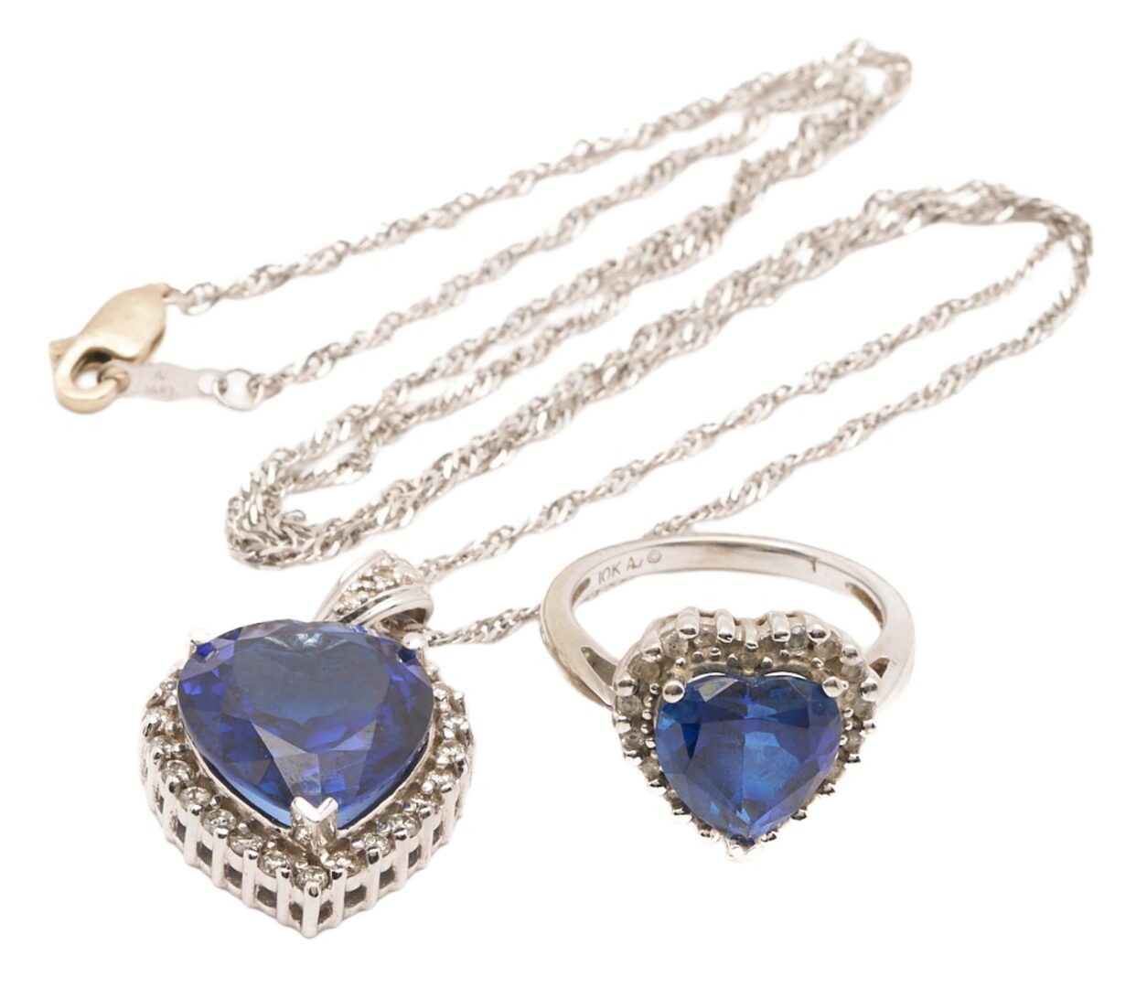 Lot 971: Ladies 14K Gold Heart Shaped Sapphire Necklace & 10K Gold Sapphire Ring