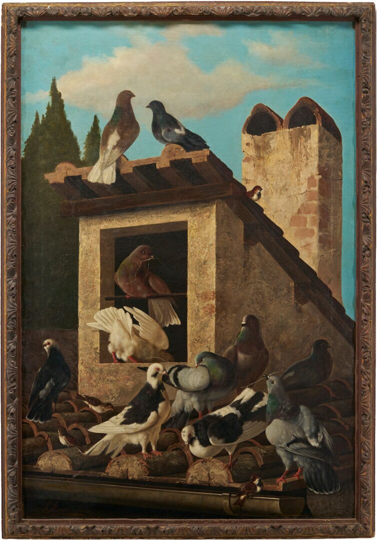 Lot 97: Michelangelo Meucci O/C Painting, The Rooftop Roost