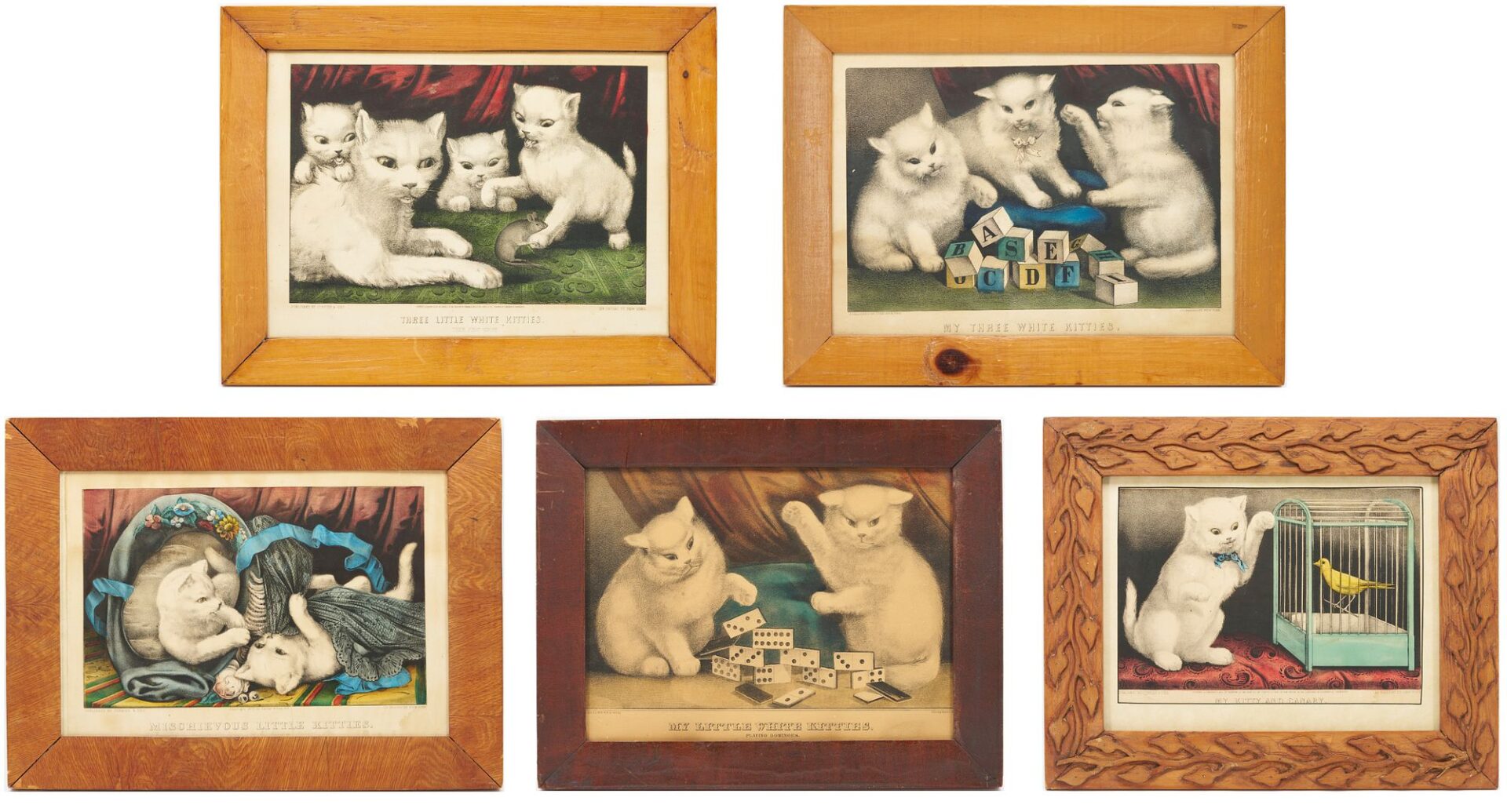 Lot 982: 5 Framed Currier & Ives Kitten Lithographs