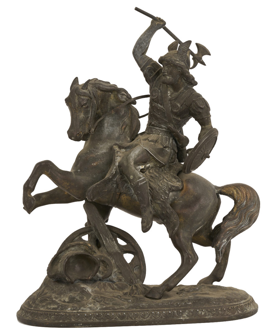 Lot 1014: 3 Spelter Sculptures: Pair of Cherubs after Auguste Moreau plus Horseman