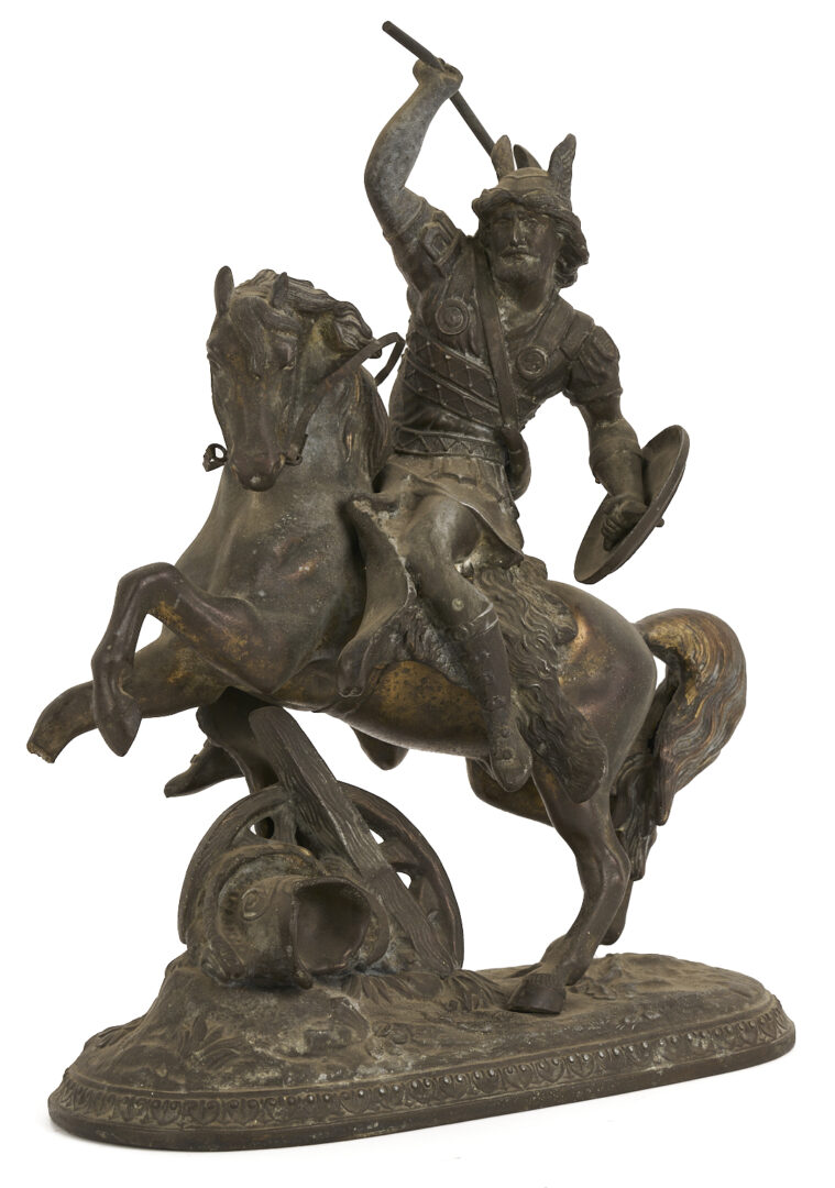 Lot 1014: 3 Spelter Sculptures: Pair of Cherubs after Auguste Moreau plus Horseman