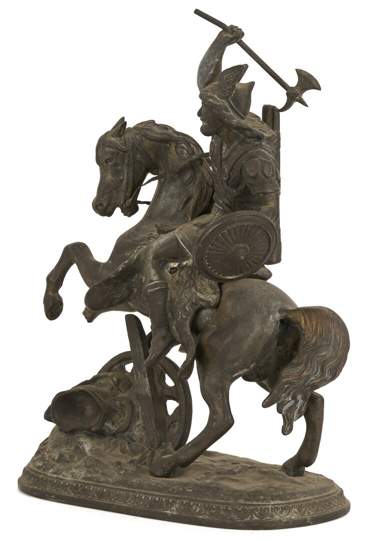 Lot 1014: 3 Spelter Sculptures: Pair of Cherubs after Auguste Moreau plus Horseman