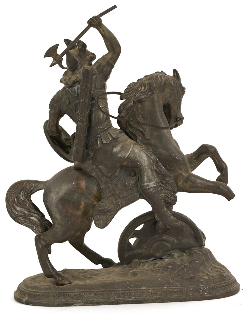 Lot 1014: 3 Spelter Sculptures: Pair of Cherubs after Auguste Moreau plus Horseman