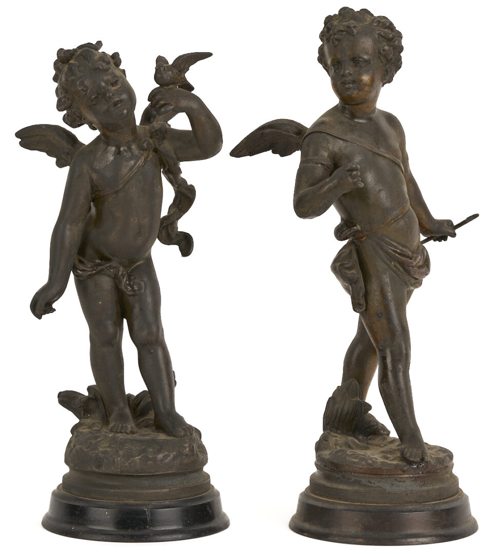 Lot 1014: 3 Spelter Sculptures: Pair of Cherubs after Auguste Moreau plus Horseman