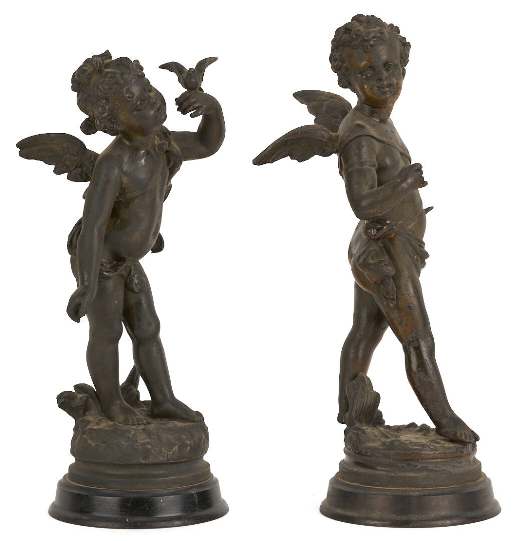 Lot 1014: 3 Spelter Sculptures: Pair of Cherubs after Auguste Moreau plus Horseman