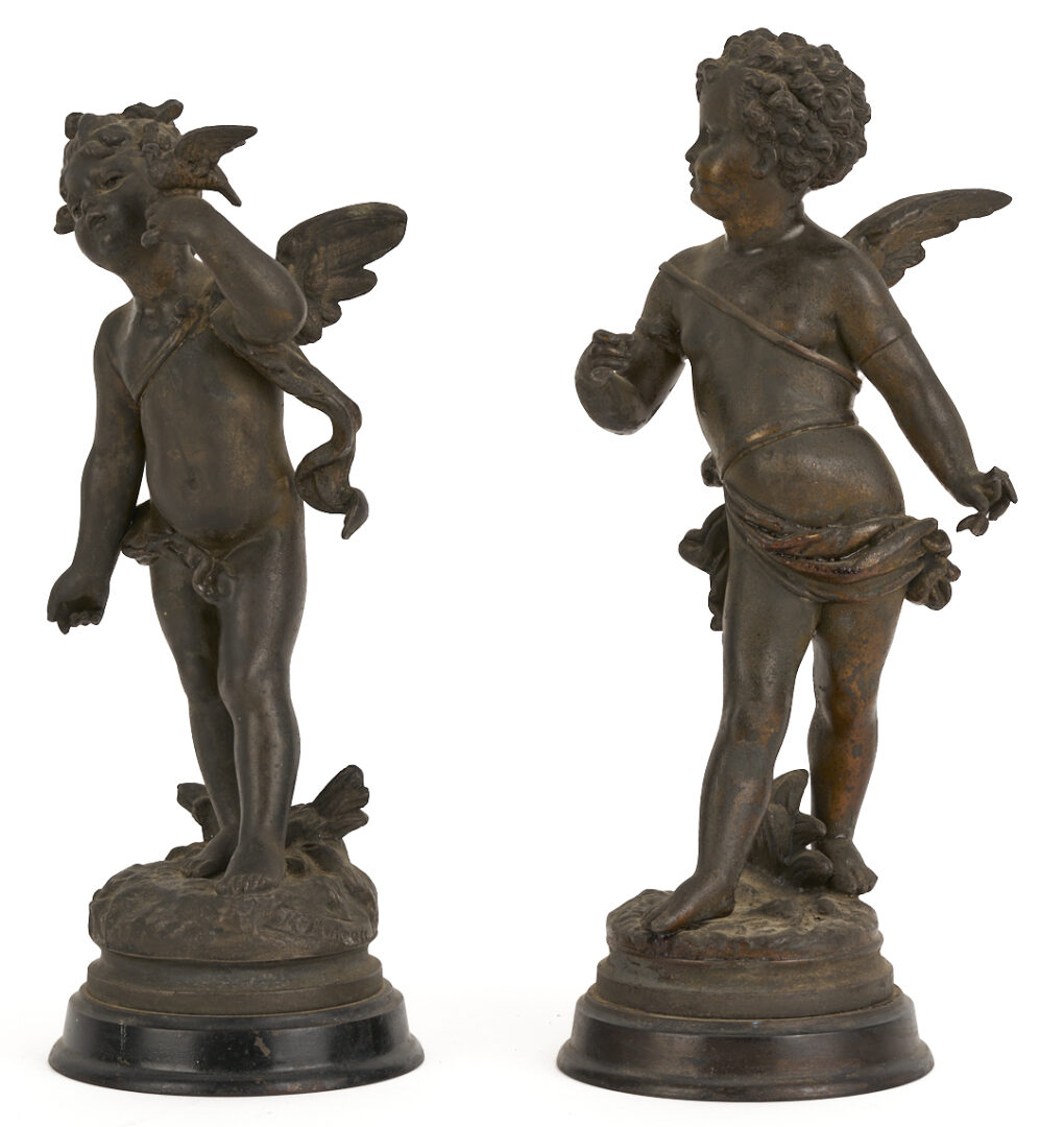 Lot 1014: 3 Spelter Sculptures: Pair of Cherubs after Auguste Moreau plus Horseman