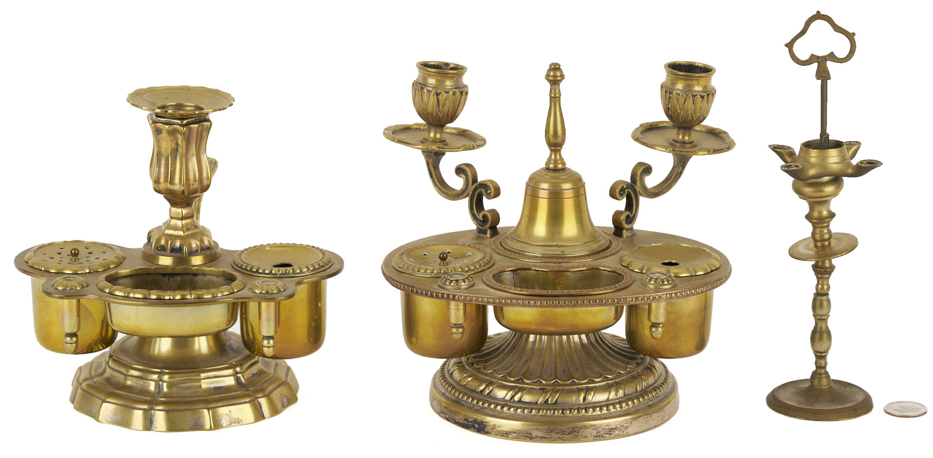 Lot 1015: 2 Antique Brass Inkwells plus Oil Lamp