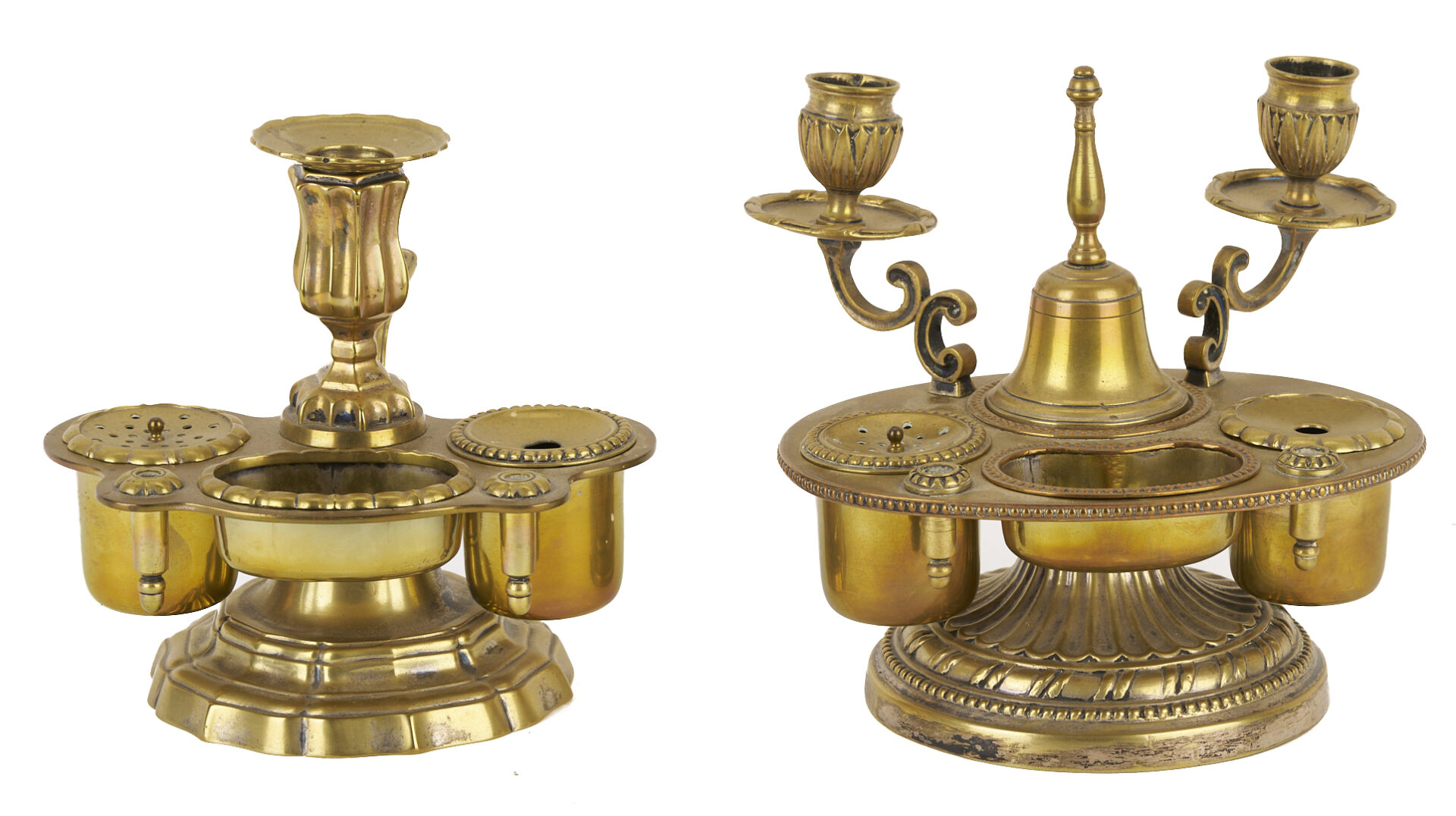 Lot 1015: 2 Antique Brass Inkwells plus Oil Lamp