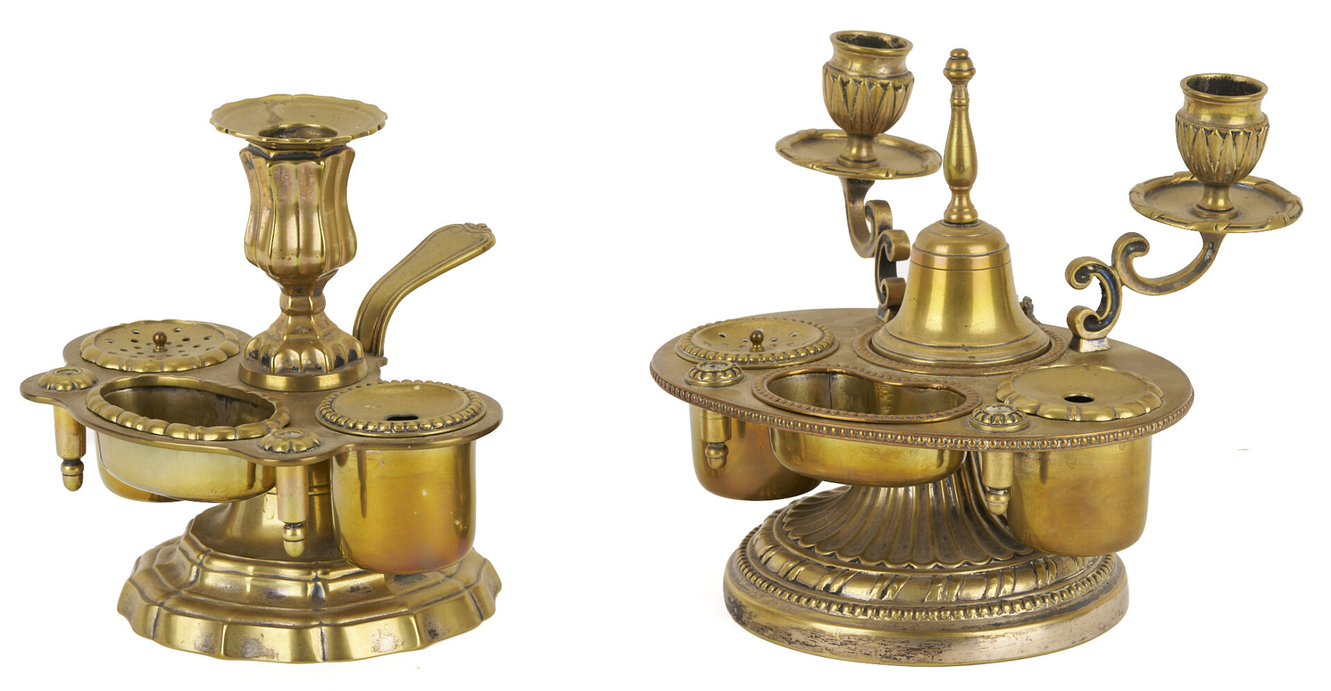 Lot 1015: 2 Antique Brass Inkwells plus Oil Lamp