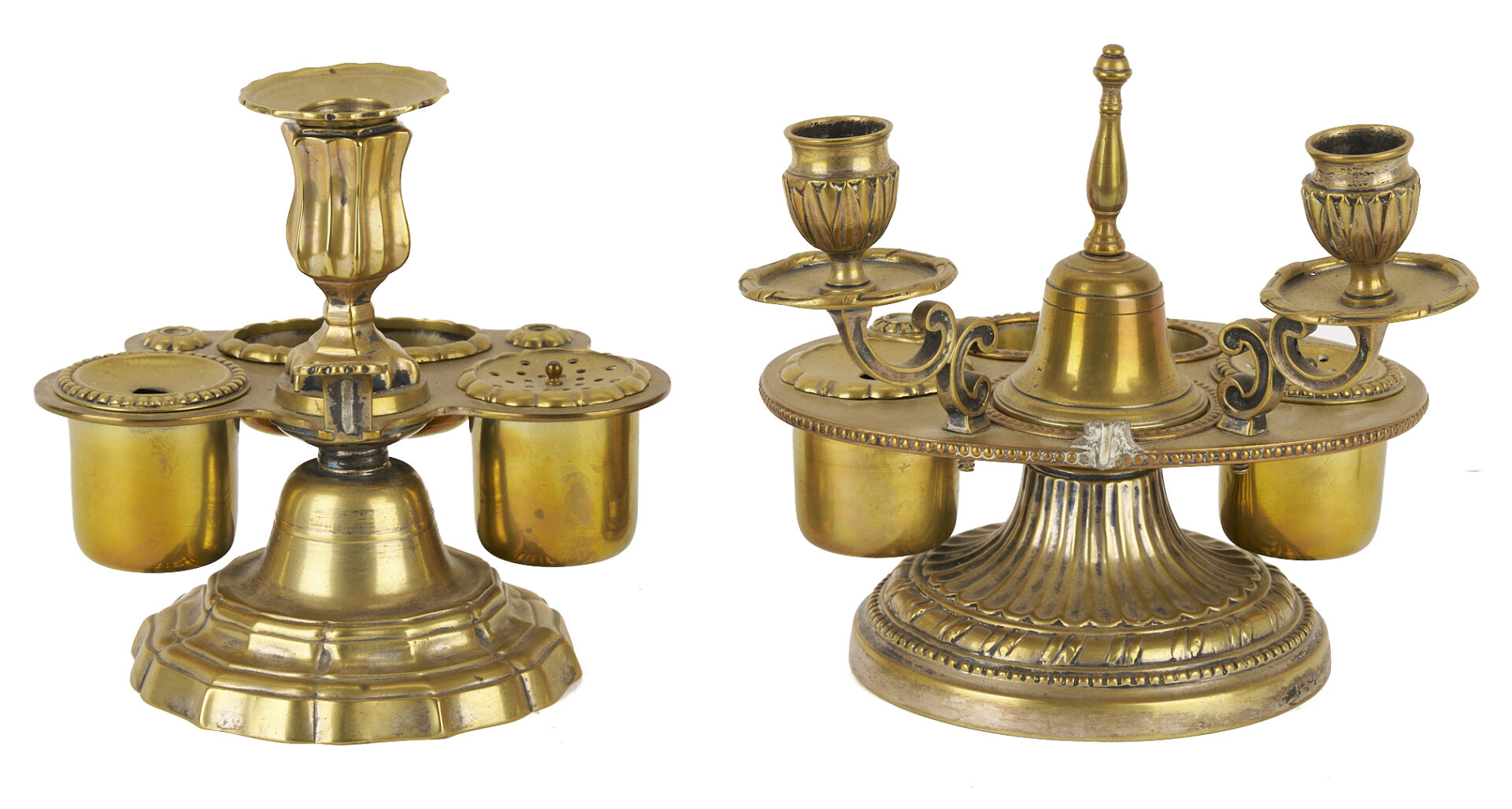 Lot 1015: 2 Antique Brass Inkwells plus Oil Lamp