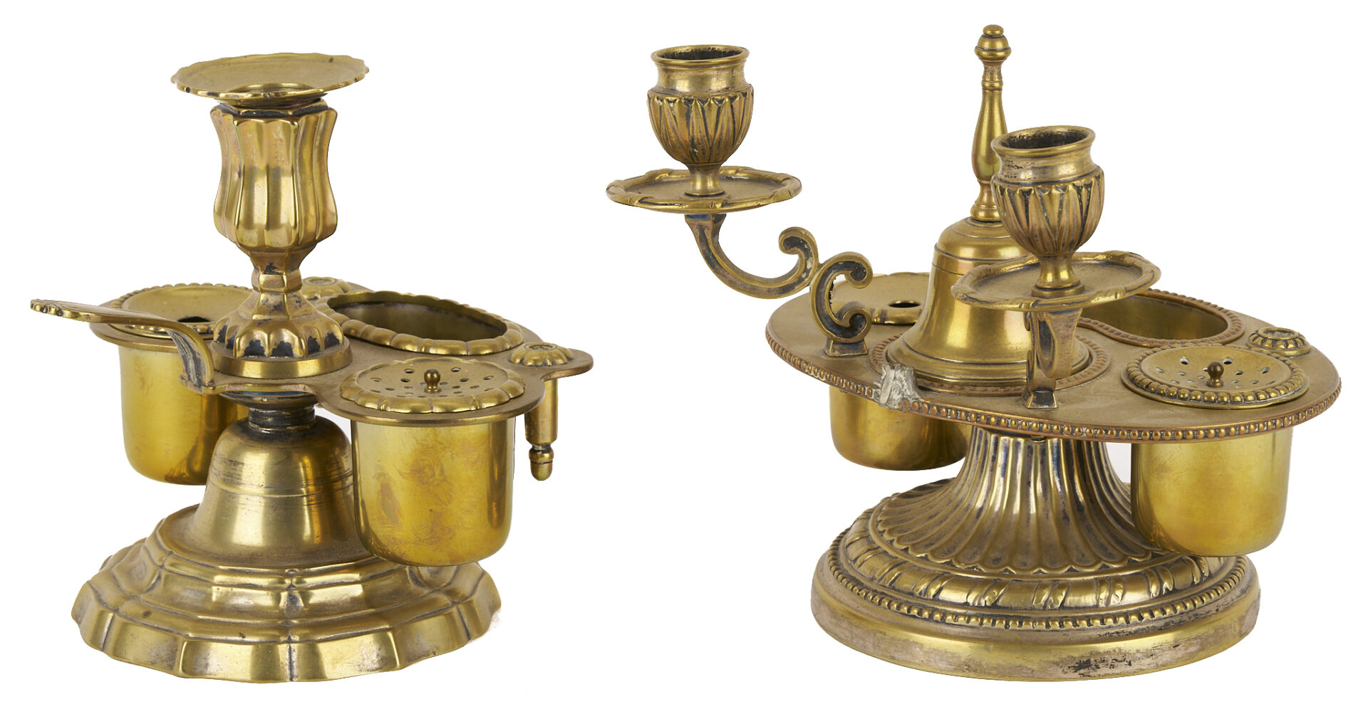 Lot 1015: 2 Antique Brass Inkwells plus Oil Lamp