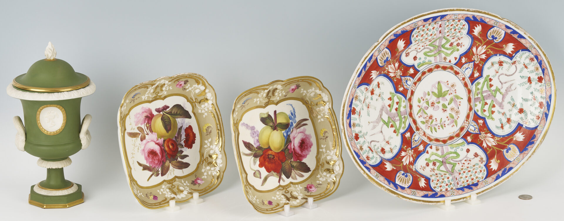 Lot 1024: Assorted Porcelain; English Imari Platter, Pair English Plates; Jasperware Urn