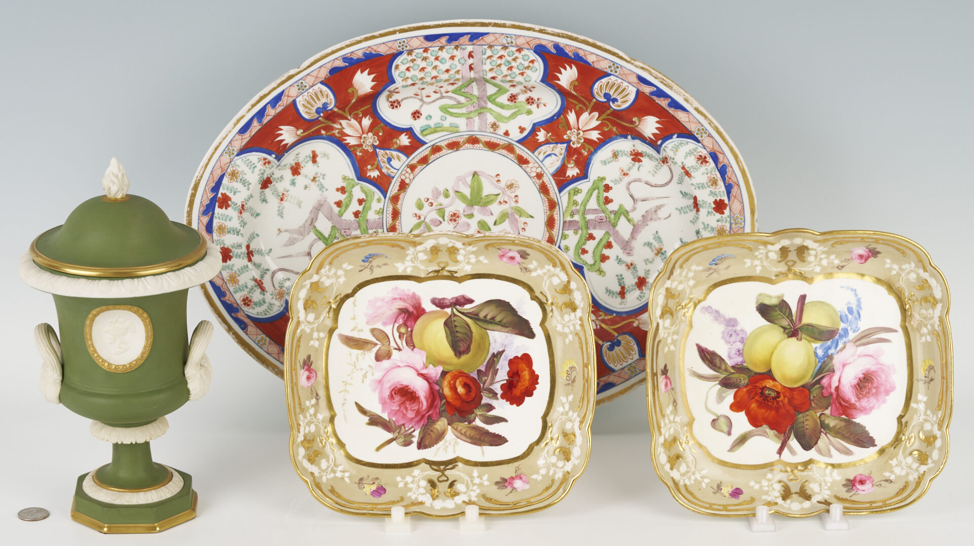 Lot 1024: Assorted Porcelain; English Imari Platter, Pair English Plates; Jasperware Urn