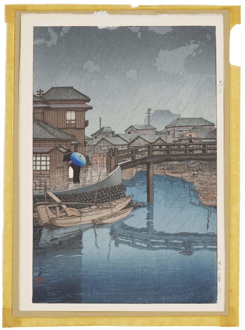 Lot 1033: Portfolio of 19th c. Japanese Kabuki Prints incl. Yoshitoshi plus Hasui, Rain at Shinagawa