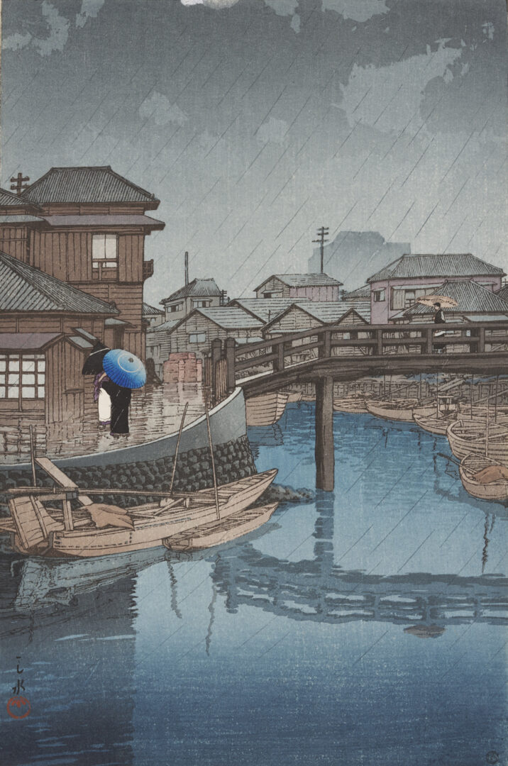 Lot 1033: Portfolio of 19th c. Japanese Kabuki Prints incl. Yoshitoshi plus Hasui, Rain at Shinagawa