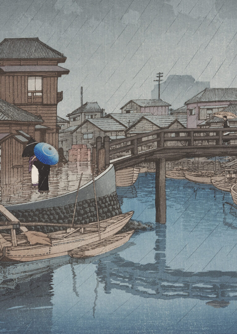 Lot 1033: Portfolio of 19th c. Japanese Kabuki Prints incl. Yoshitoshi plus Hasui, Rain at Shinagawa