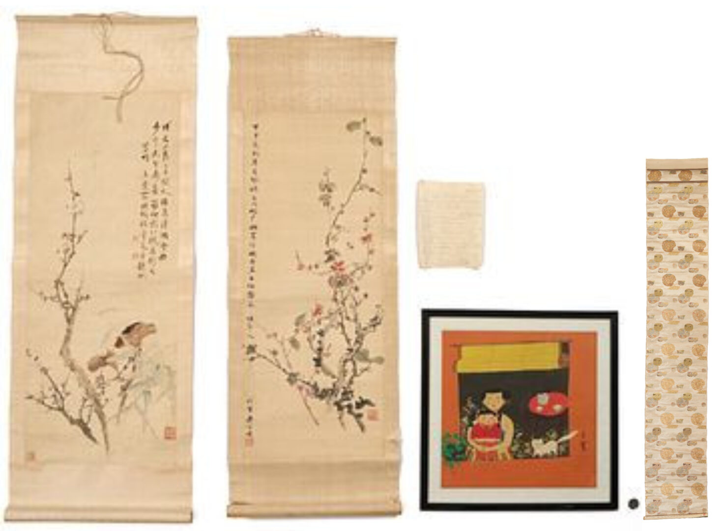 Lot 1036: 3 Asian Works on Paper incl. Ko Kim Fu & Tang Fan Scrolls, Brocade