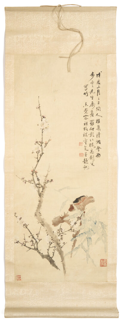 Lot 1036: 3 Asian Works on Paper incl. Ko Kim Fu & Tang Fan Scrolls, Brocade