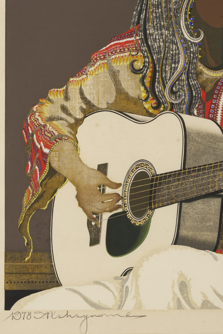 Lot 1040: Large Tadashi Nakayama Woodblock Print, Girl Playing Guitar