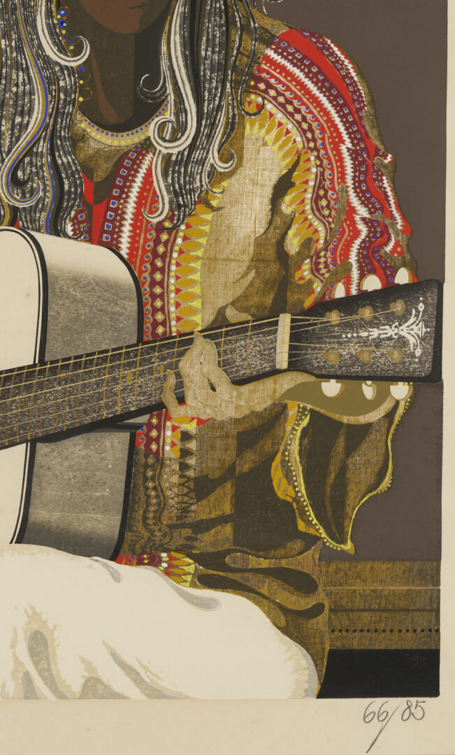 Lot 1040: Large Tadashi Nakayama Woodblock Print, Girl Playing Guitar