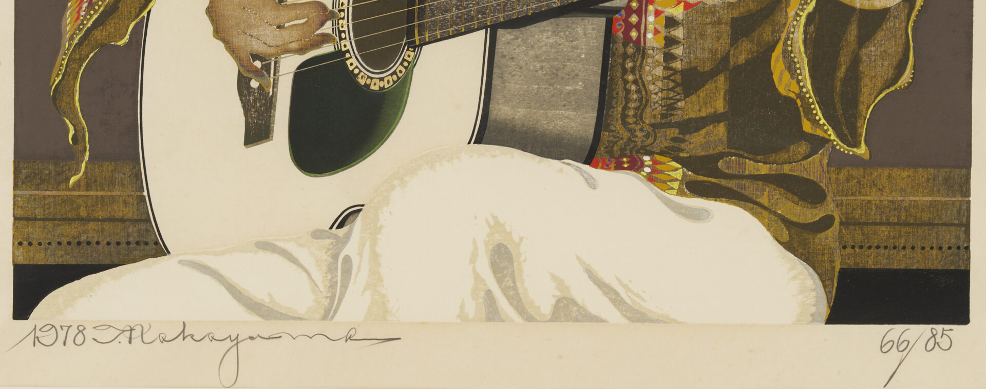 Lot 1040: Large Tadashi Nakayama Woodblock Print, Girl Playing Guitar