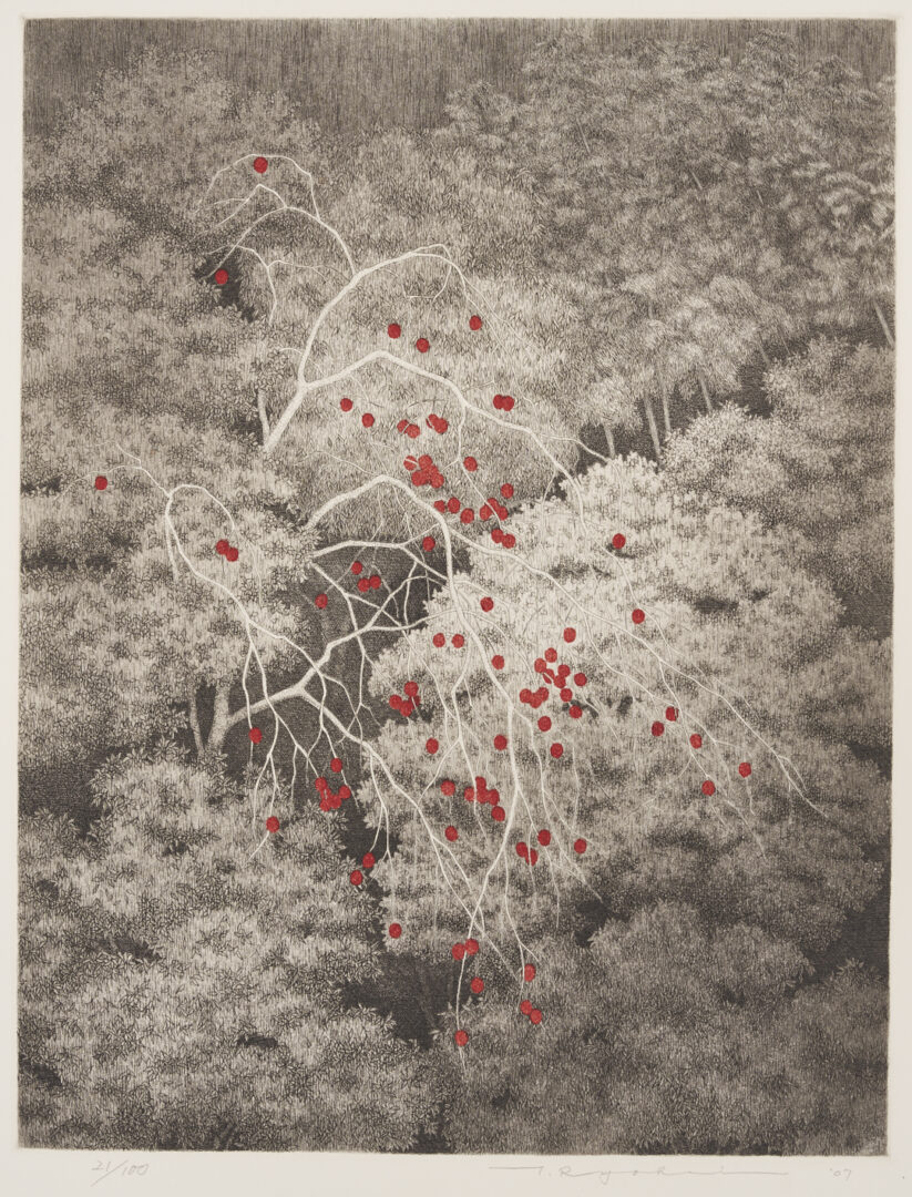 Lot 1042: Large Tanaka Ryohei Color Etching, Persimmon Thicket