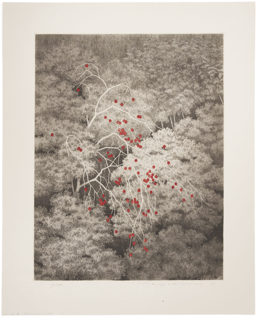 Lot 1042: Large Tanaka Ryohei Color Etching, Persimmon Thicket