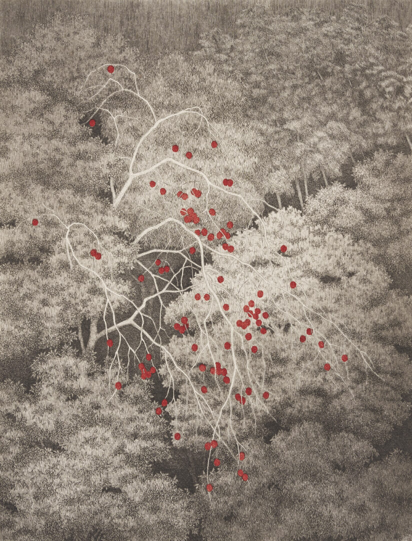 Lot 1042: Large Tanaka Ryohei Color Etching, Persimmon Thicket