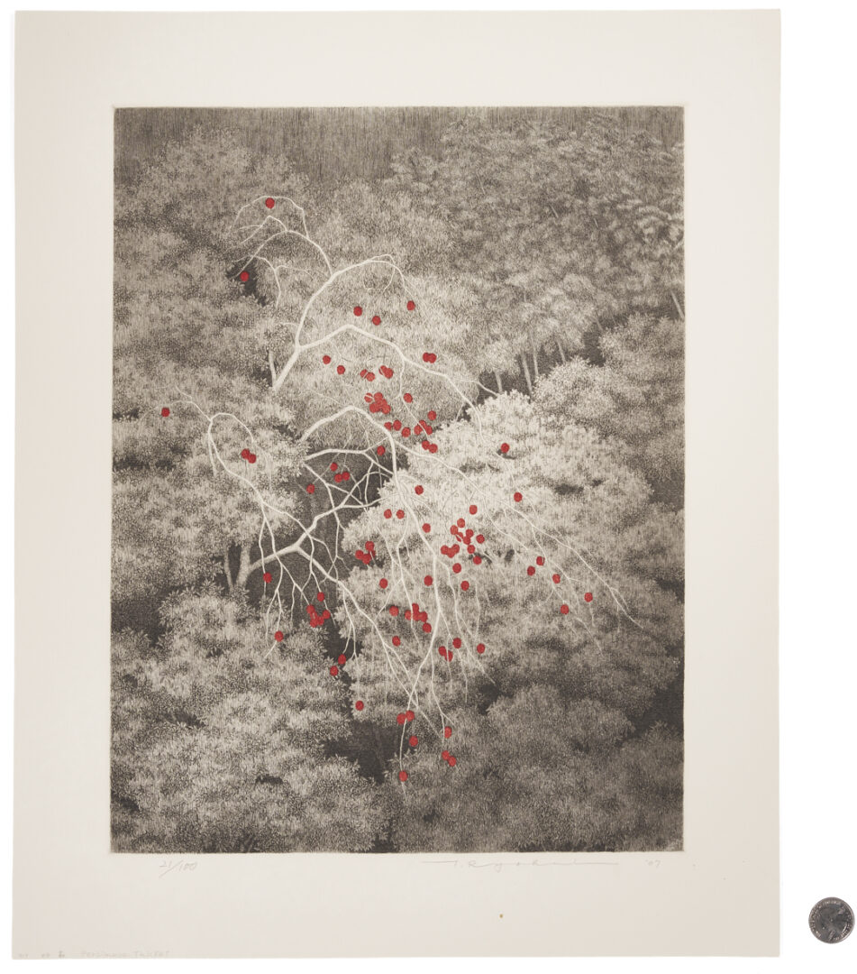 Lot 1042: Large Tanaka Ryohei Color Etching, Persimmon Thicket