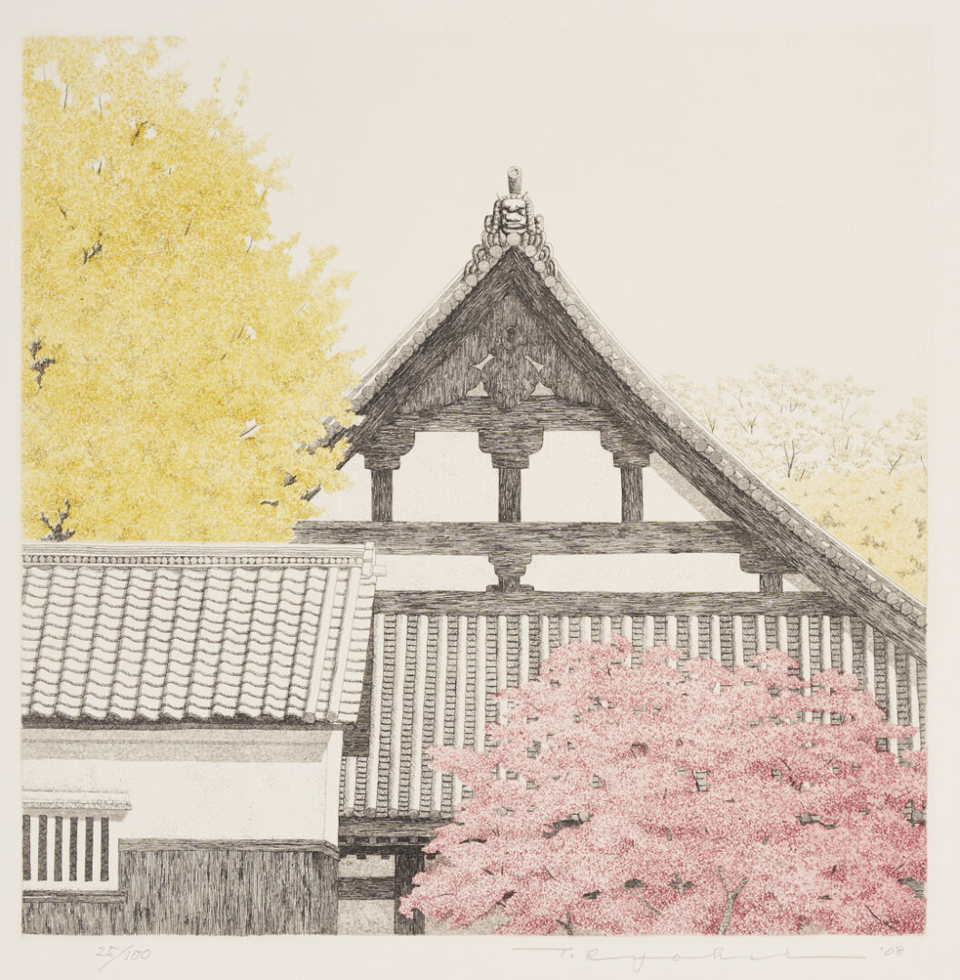 Lot 1045: Tanaka Ryohei Color Etching, Autumn Temple