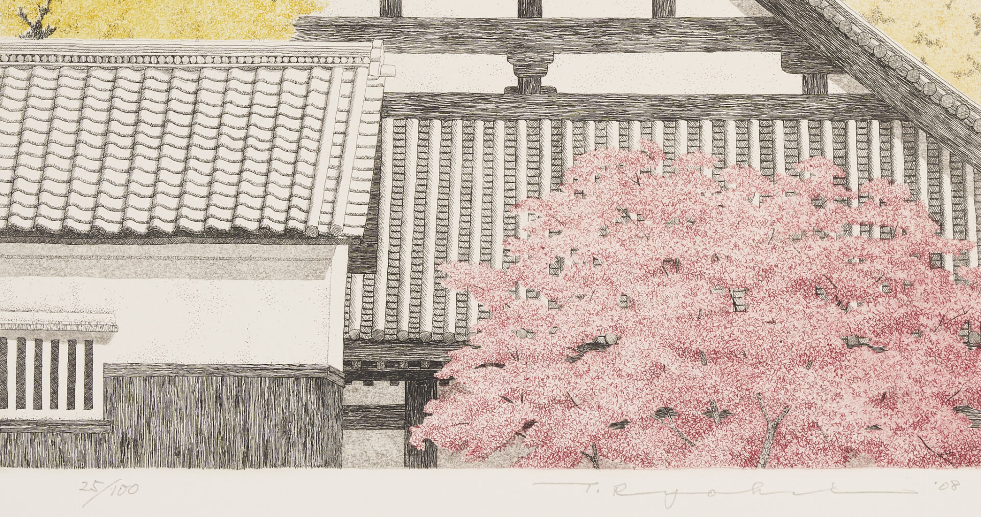 Lot 1045: Tanaka Ryohei Color Etching, Autumn Temple