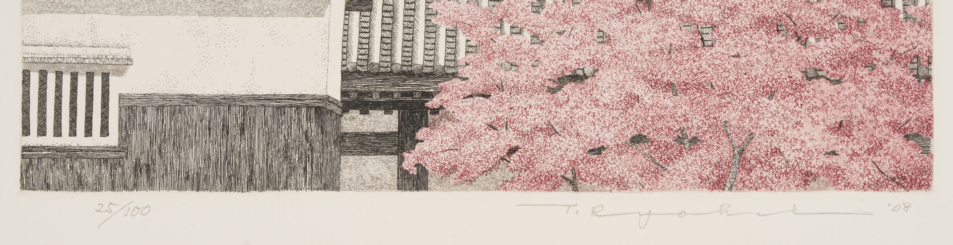 Lot 1045: Tanaka Ryohei Color Etching, Autumn Temple