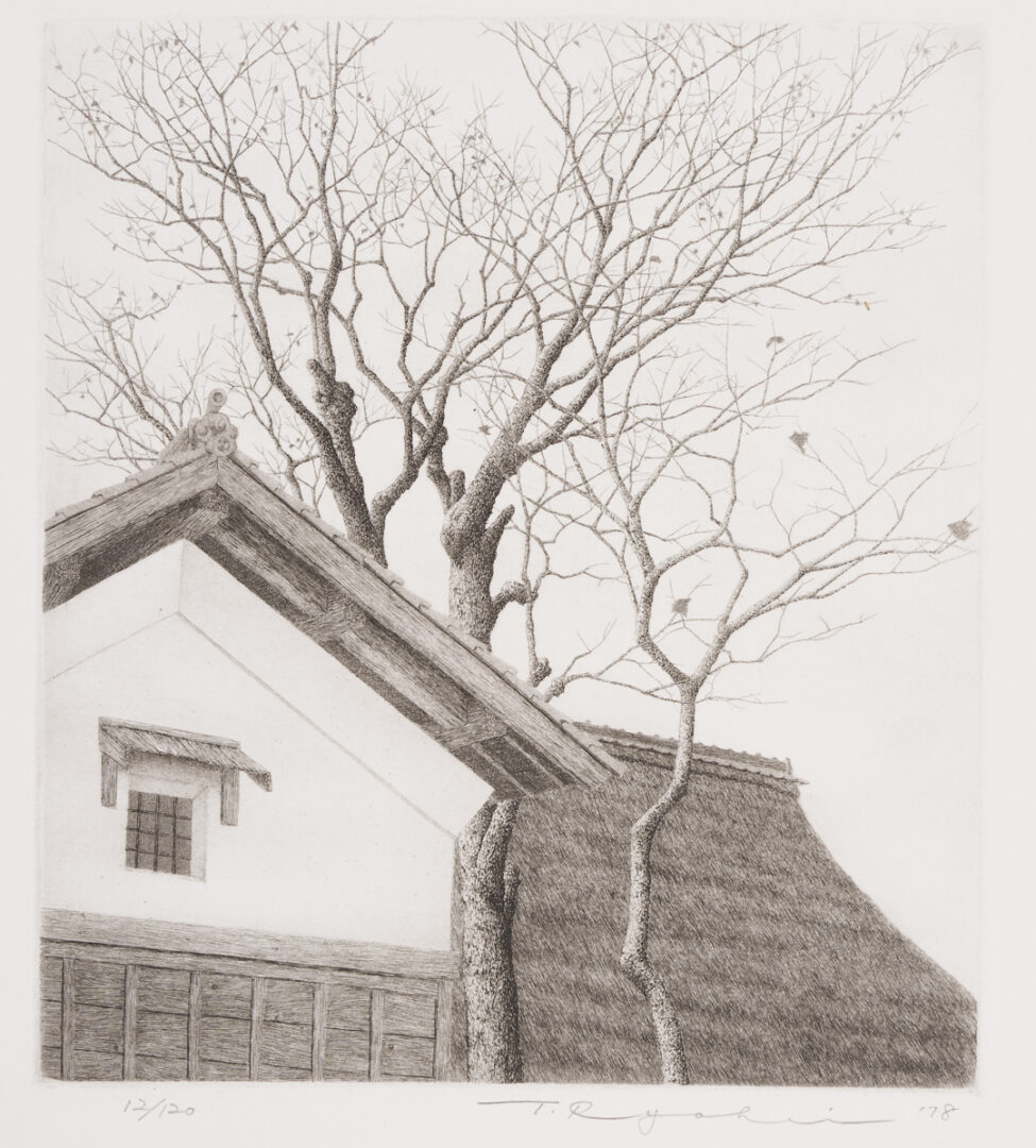 Lot 1046: 2 Tanaka Ryohei Etchings: Winter Tree House & The Approach plus 2 Catalogs Raisonnes