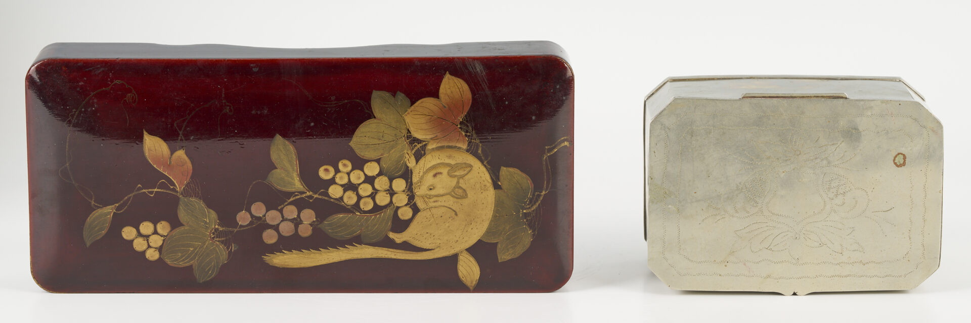 Lot 1049: 3 Asian Boxes incl, Takamakie, Hindu Brass, Metal Tea Caddy & 1 Duck ornament