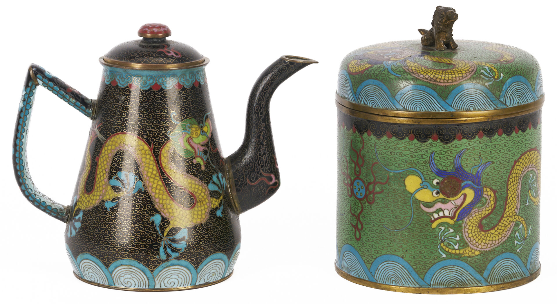 Lot 1052: Chinese Cloisonne Teapot & Lidded Jar, Dragon Design