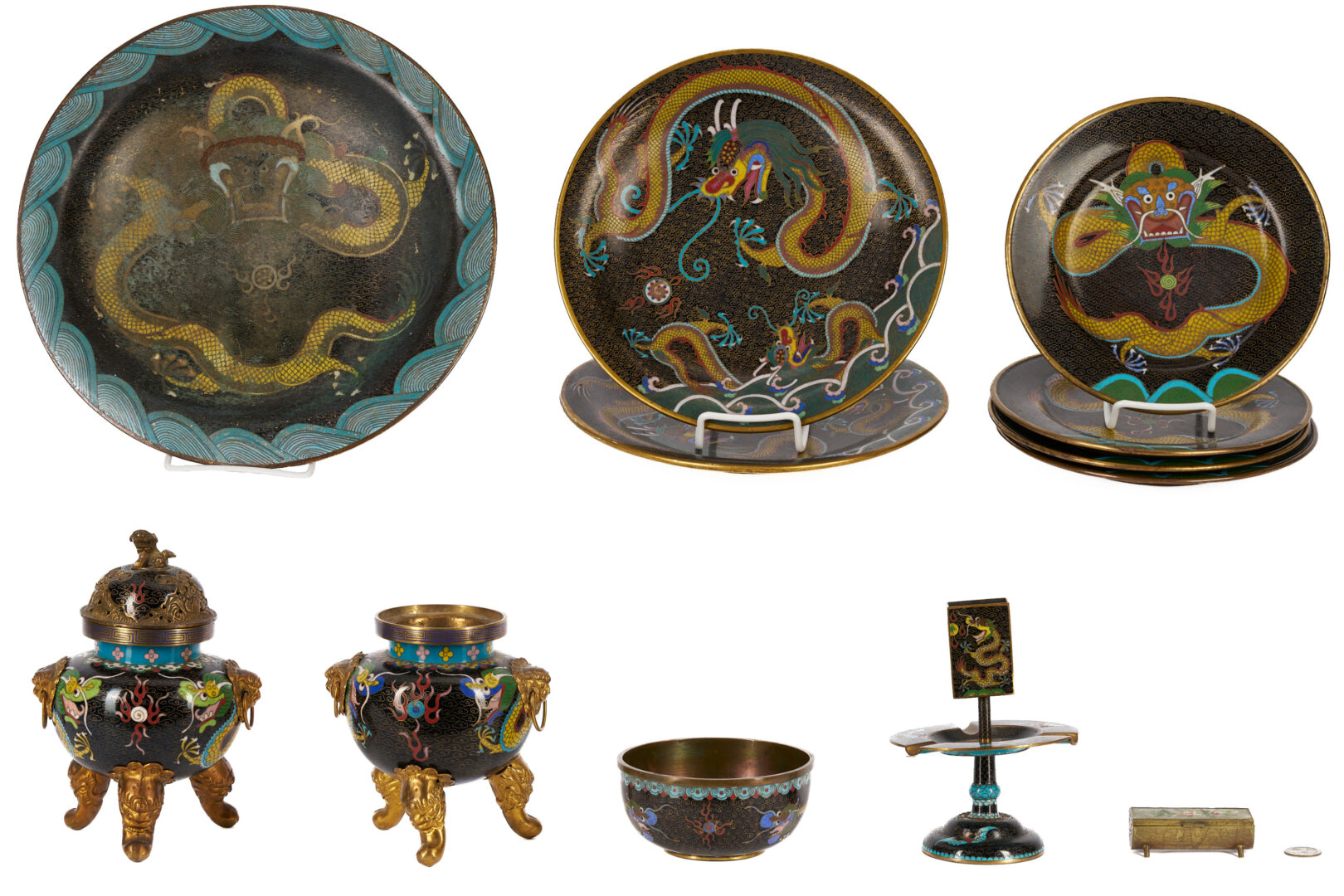 Lot 1054: 7 Chinese Cloisonne Plates w/ Imperial Dragons and 4 Chinese Cloisonne Pieces incl. Ashtray, plus 1 Other