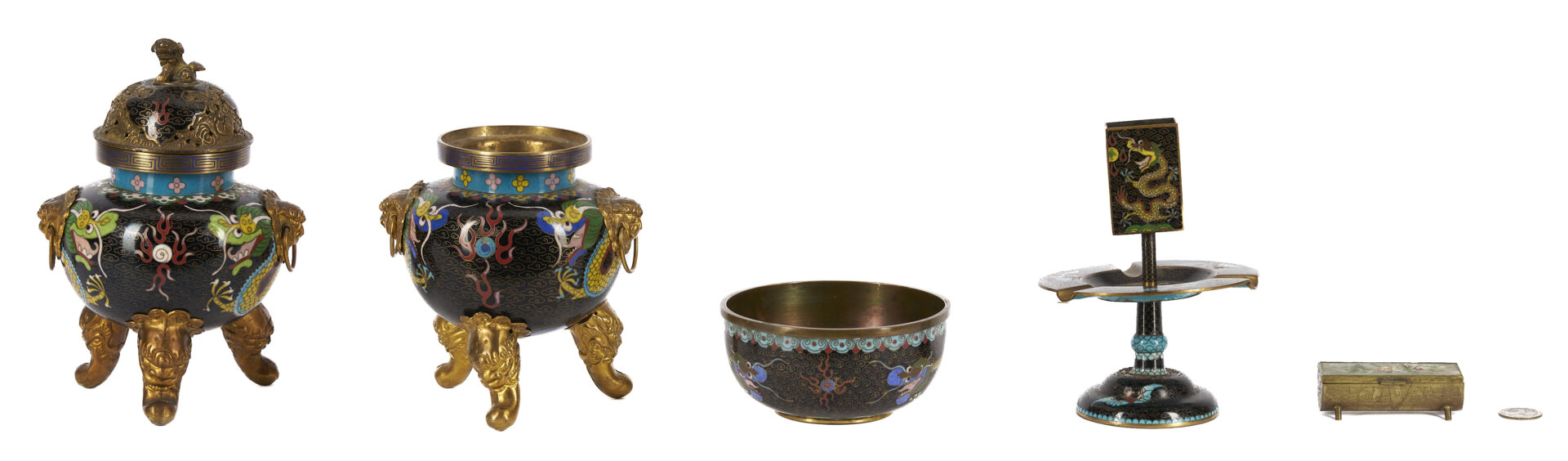 Lot 1054: 7 Chinese Cloisonne Plates w/ Imperial Dragons and 4 Chinese Cloisonne Pieces incl. Ashtray, plus 1 Other