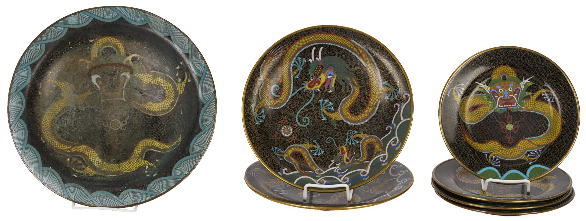 Lot 1054: 7 Chinese Cloisonne Plates w/ Imperial Dragons and 4 Chinese Cloisonne Pieces incl. Ashtray, plus 1 Other