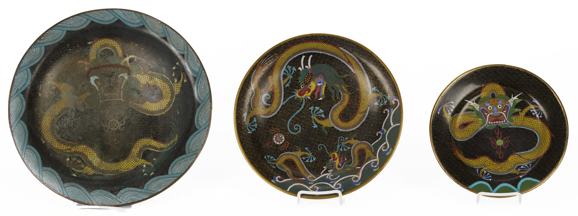 Lot 1054: 7 Chinese Cloisonne Plates w/ Imperial Dragons and 4 Chinese Cloisonne Pieces incl. Ashtray, plus 1 Other