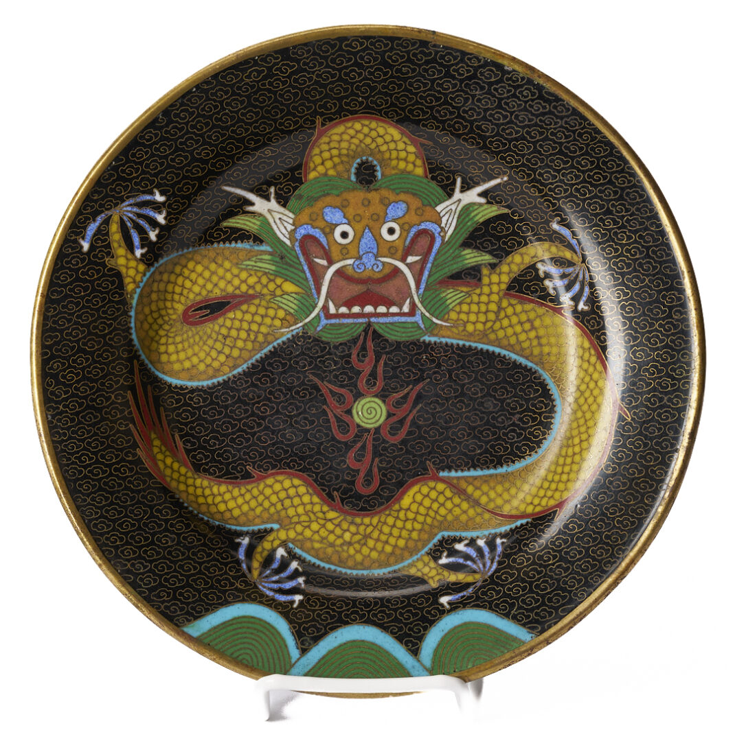 Lot 1054: 7 Chinese Cloisonne Plates w/ Imperial Dragons and 4 Chinese Cloisonne Pieces incl. Ashtray, plus 1 Other