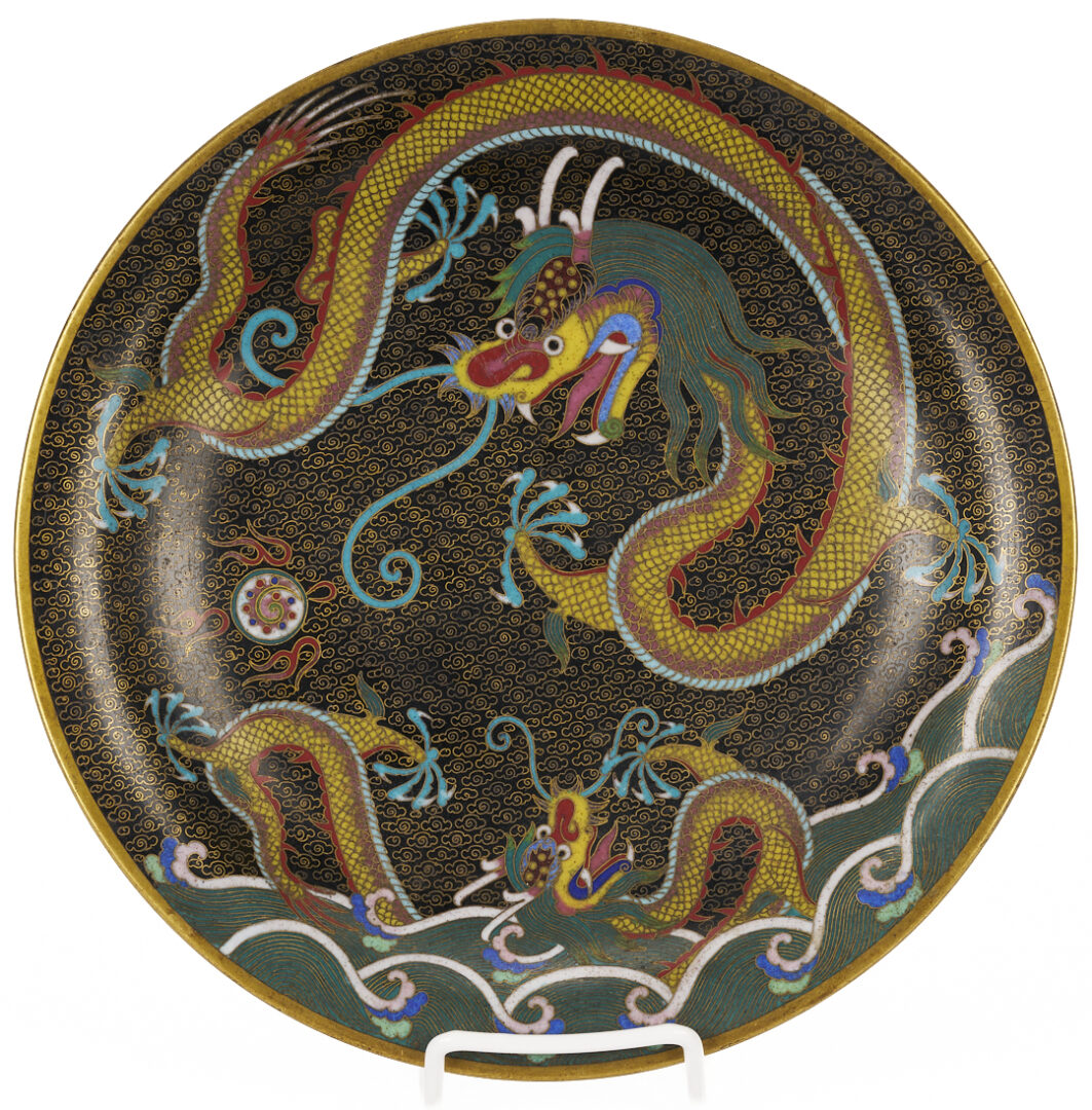 Lot 1054: 7 Chinese Cloisonne Plates w/ Imperial Dragons and 4 Chinese Cloisonne Pieces incl. Ashtray, plus 1 Other