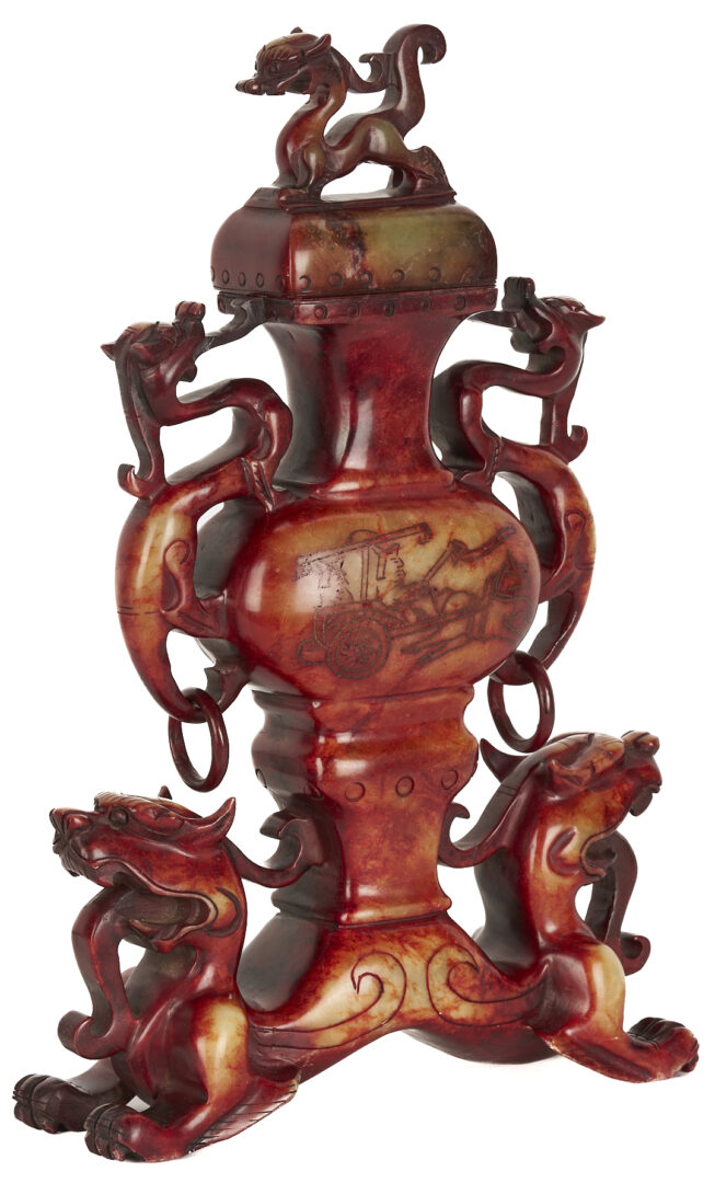 Lot 1059: Chinese Agate Brush Washer and Hardstone Dragon Censer