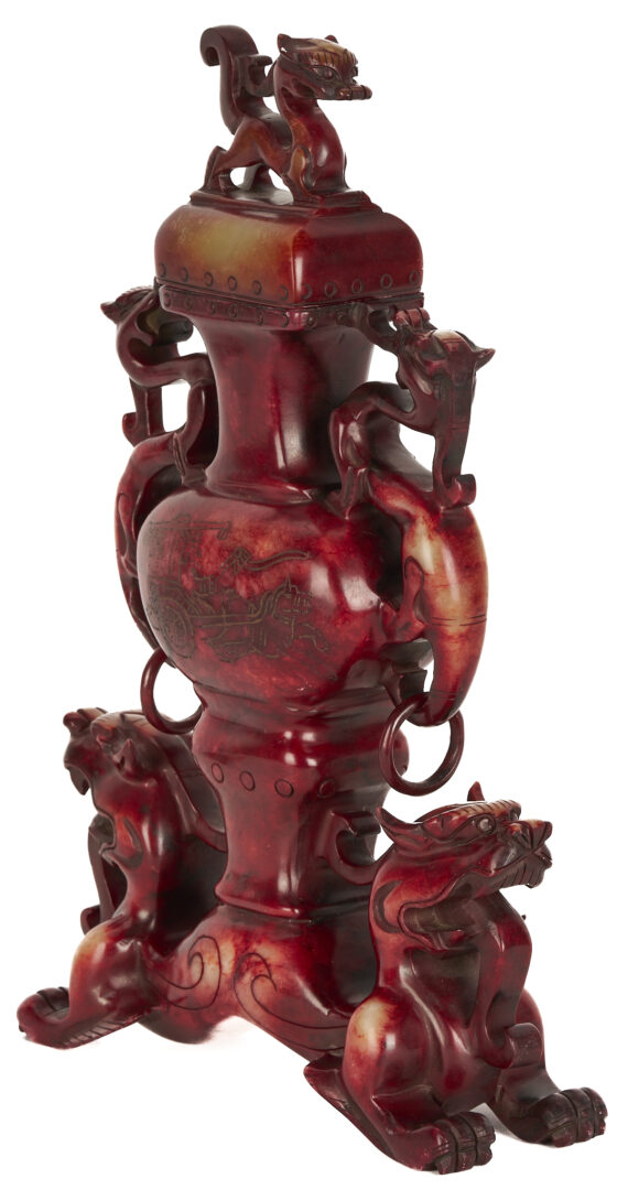 Lot 1059: Chinese Agate Brush Washer and Hardstone Dragon Censer