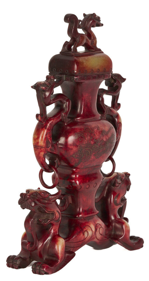 Lot 1059: Chinese Agate Brush Washer and Hardstone Dragon Censer