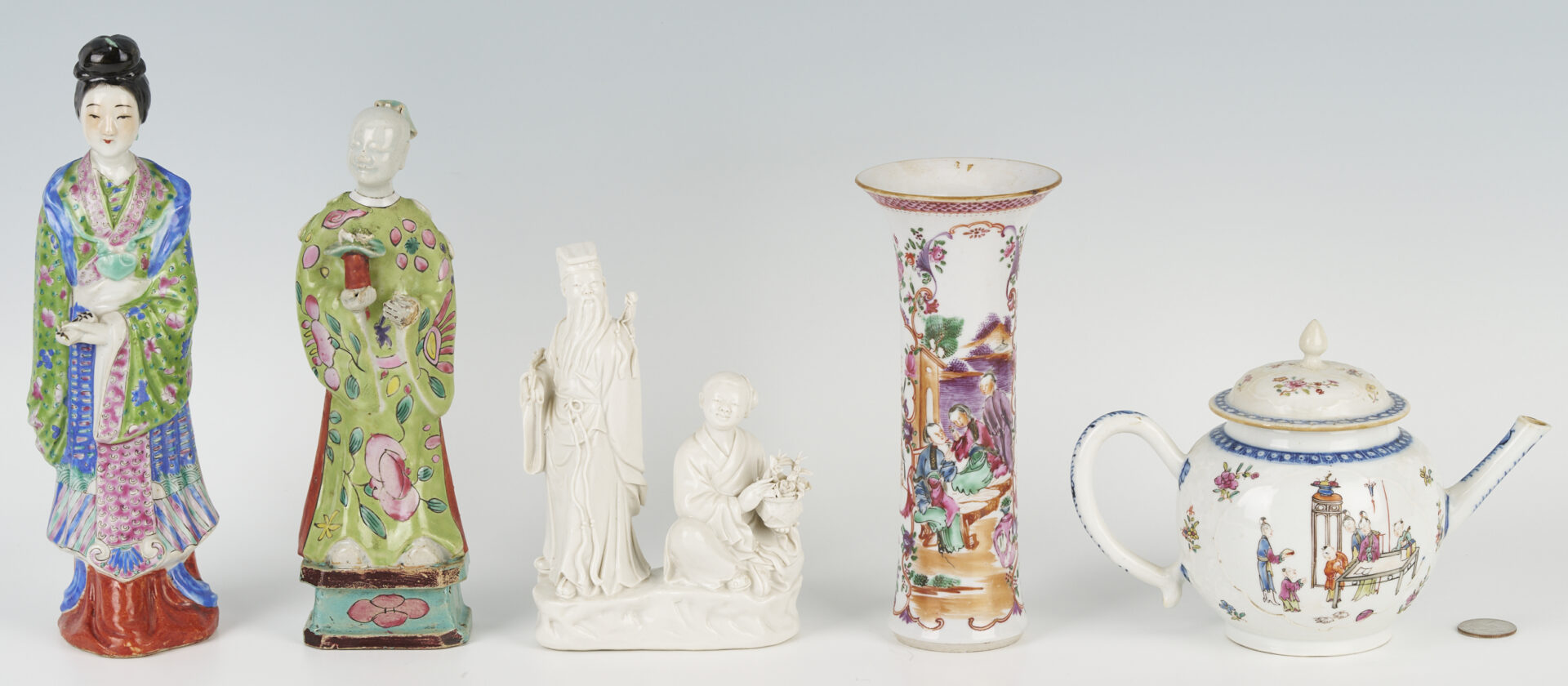 Lot 1067: Five (5) Chinese Porcelain Items: Two (2) Chinese Export and Three (3) Figures, Polychrome and Blanc De Chine